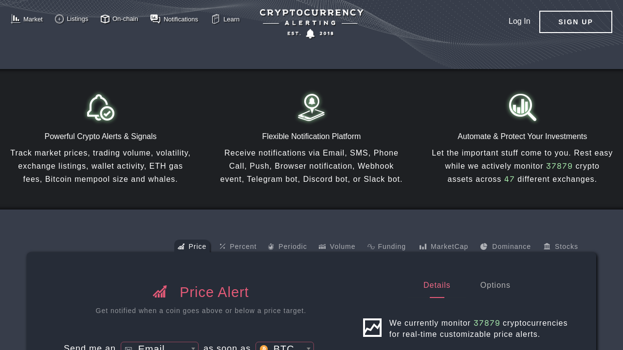 Screenshot of cryptocurrencyalerting.com